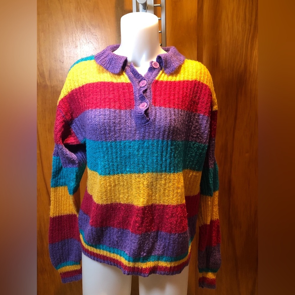 Multi Color Striped  80’s Vintage Sweater  Small Purple Yellow Green Red